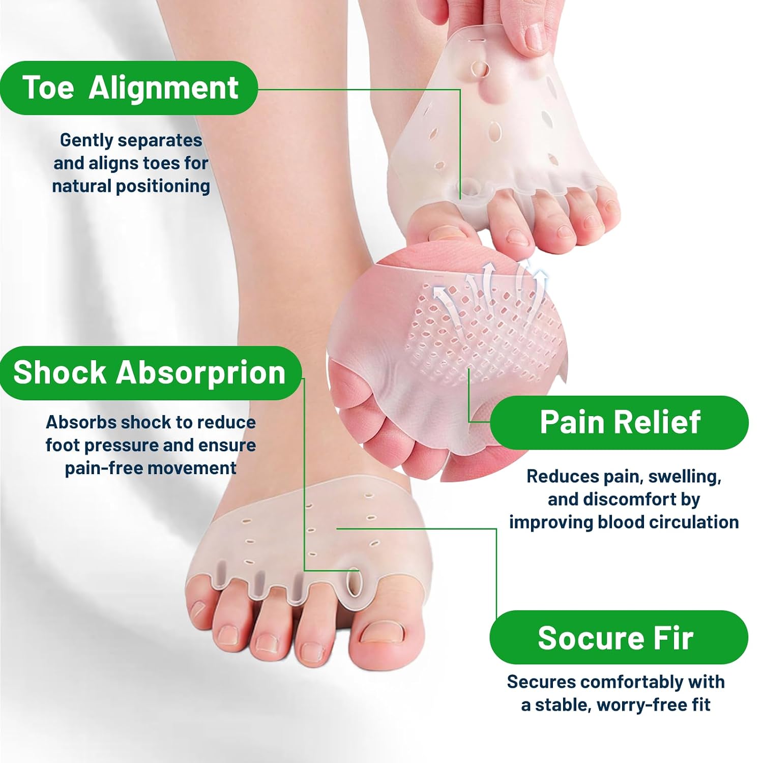 4Pcs Silicone Toe Separators,Toe Spacer for Overlapping Toes, Foot Pain Relief for Bunions, Hammer Toe & Plantar Fasciitis, Comfortable & Breathable for Women & Men，Transparent