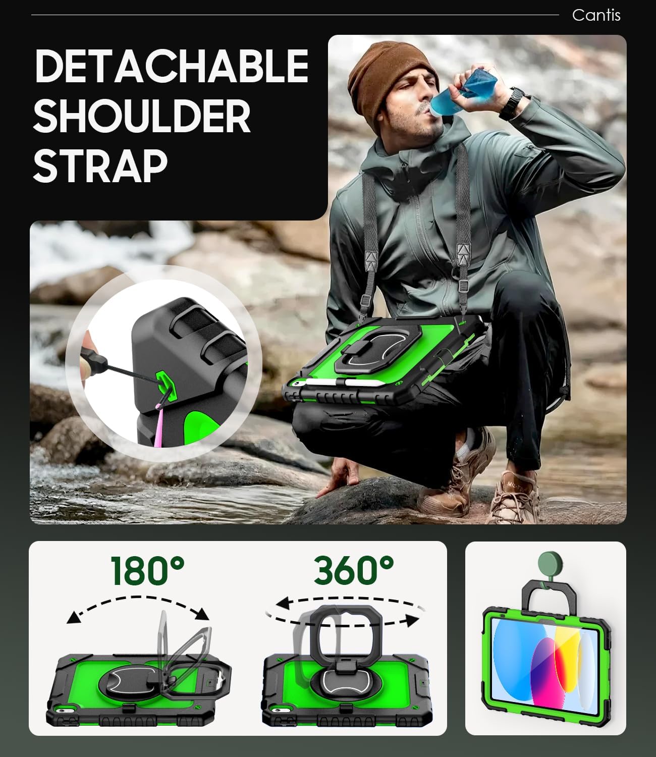 Cantis Case for iPad (A16) 11th/ 10th Generation 11/10.9 Inch 2025/2022, Shockproof Case for iPad 11 with Screen Protector/Rotating Stand/Adjustable Shoulder Strap/Pen Holder, Black+Green