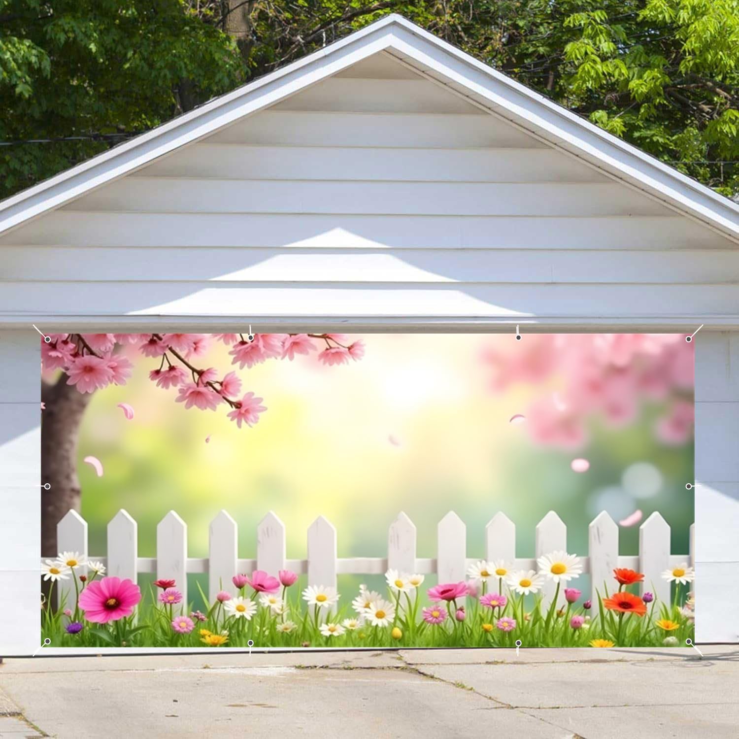 Spring Floral Garage Door Cover 7x16ft Blooming Flowers Spring Garage Door Decorations for 2 Car Garage Dreamlike Flower Garage Door Banner for Outdoor Easter Party Decoration