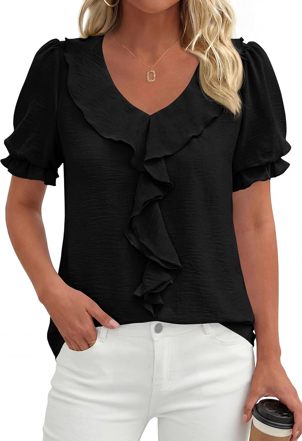 PRETTYGARDEN Women's Summer Dressy Casual Blouses 2026 Short Sleeve V Neck Ruffle Business Work Tops Trendy Spring Outfits - Image 2