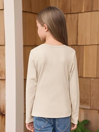 Haloumoning Girls Long Sleeve Shirts Crewneck Ruched Side Slim Fit Tops Ribbed Knit Casual Tee Shirt 4-15 Years