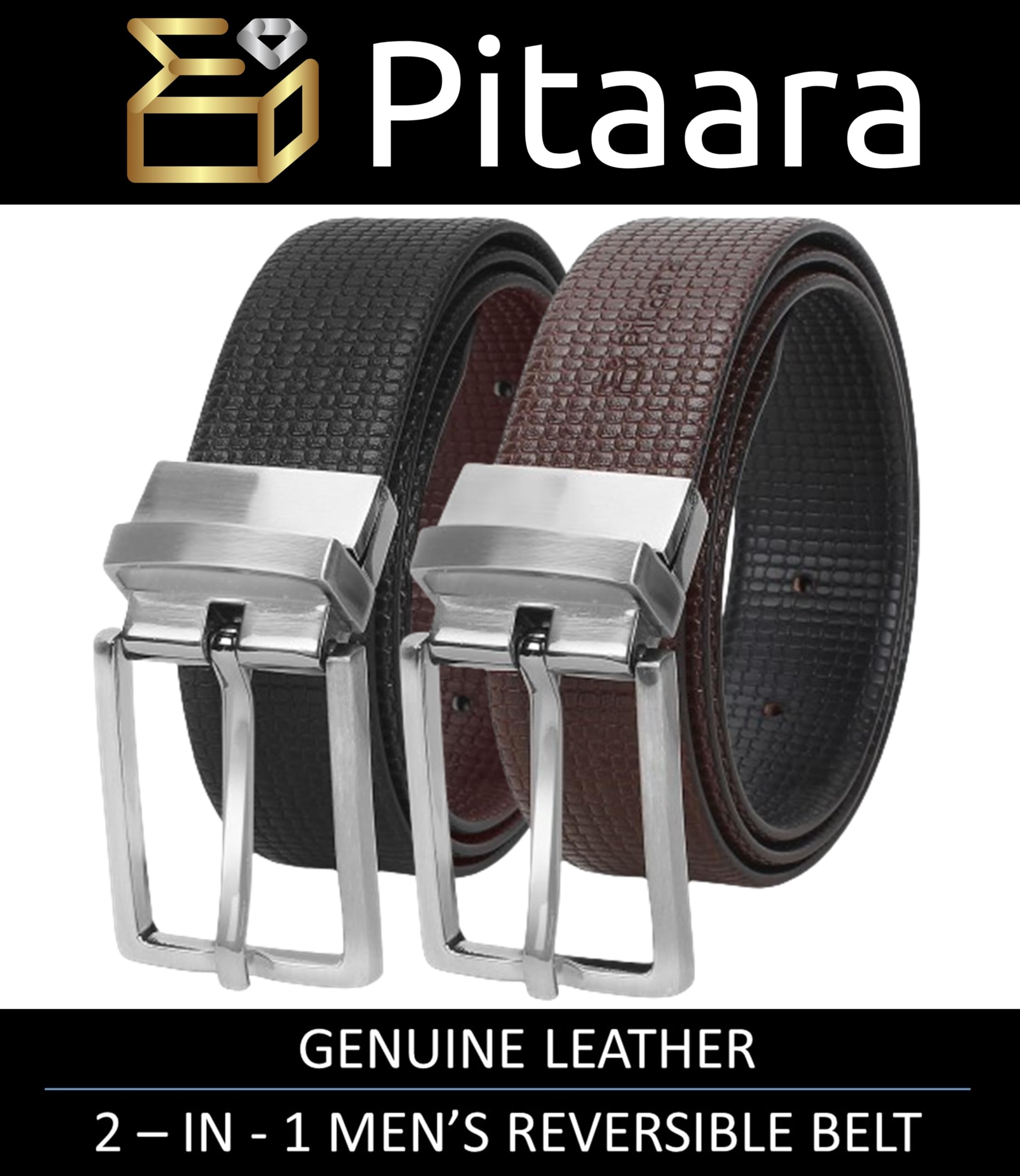 Pitaara Genuine Leather Reversible Belt For Men, Box Print Pattern (Black/Brown)