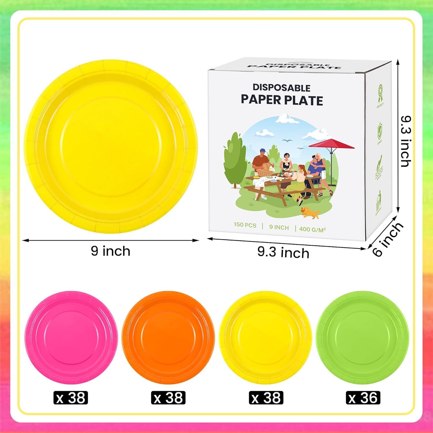 Kochorie 150 Pieces Neon Disposable Paper Plates 9 Inch Heavy Duty Dinner Plates, Solid Color, Table Decorations Party Supplies for Birthdays, Weddings, Daily Use