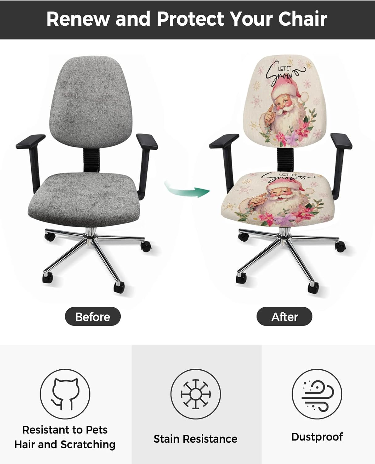 Christmas Santa Office Chair Cover Stretchable Computer Chair Seat Cover Backrest Slipcovers, Blush Pink Gold Snowflakes Winter Red Flower Stretchable Rotating Desk Chair Seat Cushion Split Protectors