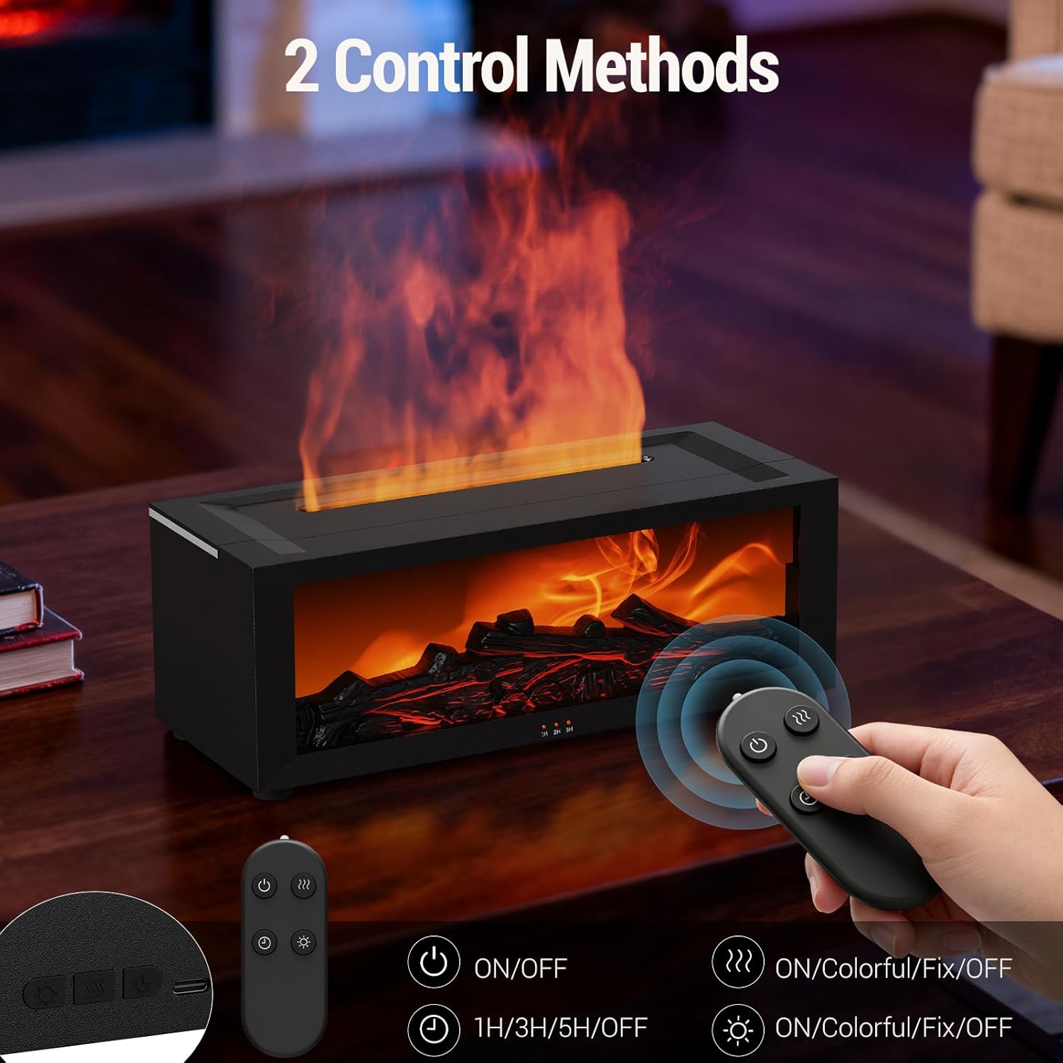 Fireplace Humidifier & Essential Oil Diffuser with Remote Control, 150ml Ultrasonic Aroma Diffuser, Realistic Flame Effect, 7-Color LED Night Light, Timer & Auto Shut-Off, for Bedroom/Home (Black)