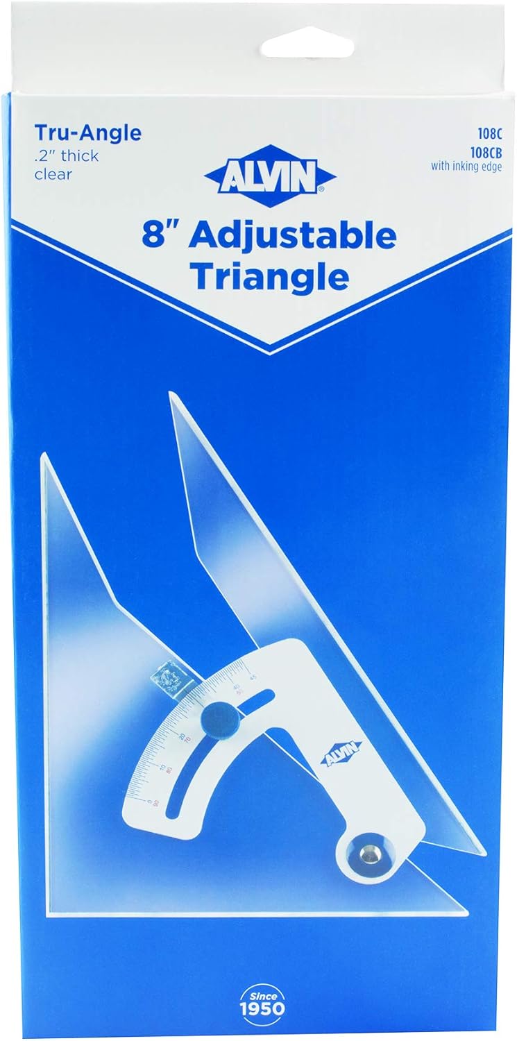 ALVIN 8" Tru-Angle Adjustable Triangle Model 108CB Made of High Impact Acrylic, with Aluminum Thumbscrew and Inking Edge, Includes Nylon Storage Case - 8 Inches