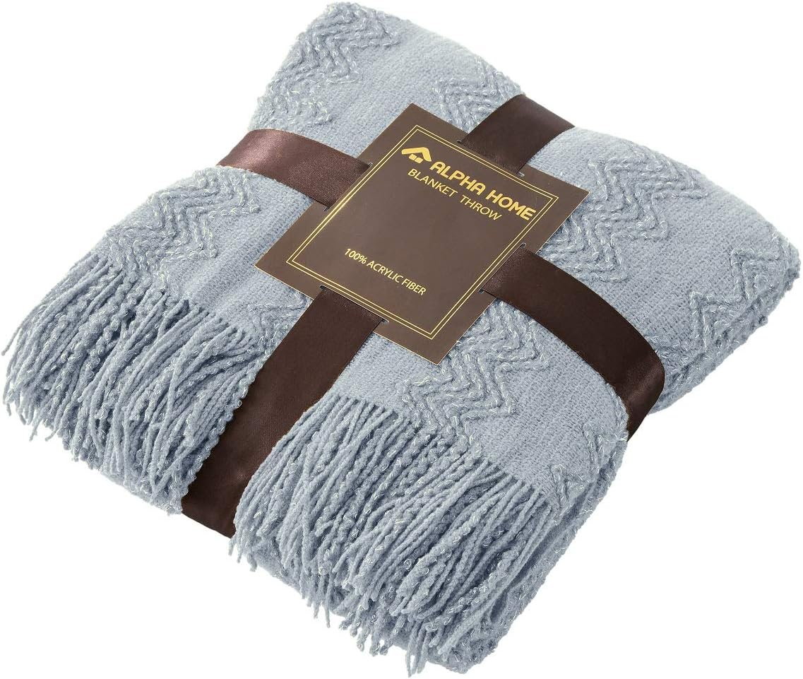 ALPHA HOME Woven Acrylic Bed Throw Blanket for Couch 50" x 60" Soft Comfy Lightweight Tassel Mustard Blanket for Adults Child Elderly Fringe Decorative Blanket for Bed & Travel Light Gray