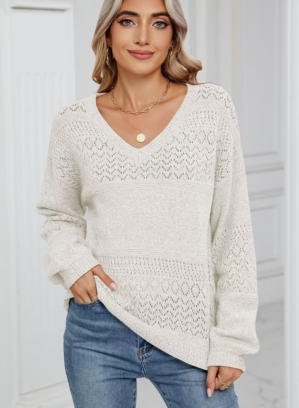JOCAFIYE Womens Sweaters Casual Long Sleeve V Neck Lightweight Hollow Out Pullover Sweater Tops