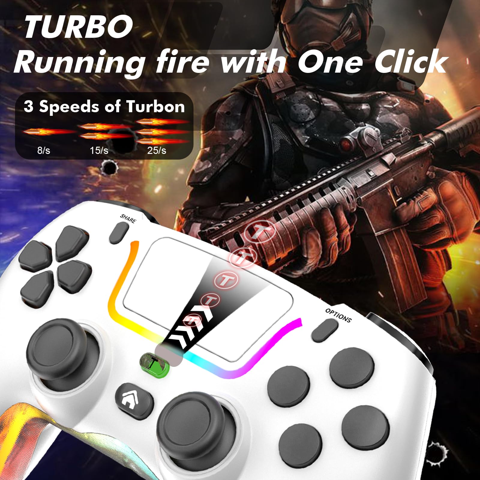 Tacilin Wireless Controller für PS4, Gamepad Joystick mit Turbo, Dual Vibration, 6-Achsen-Gyro-Sensor, RGB-Licht, 3,5-mm-Audiobuchse kompatibel mit PS4/Slim/Pro