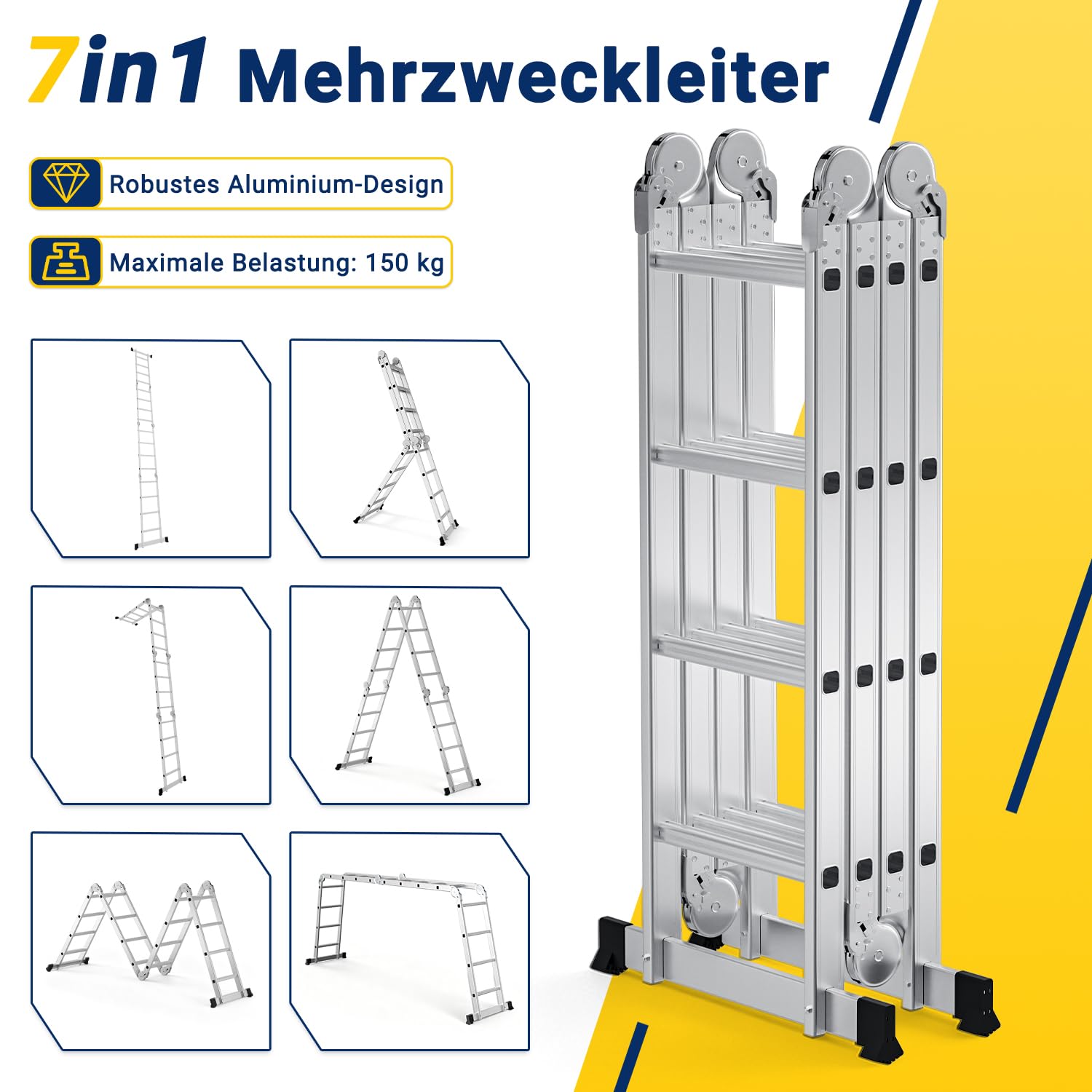 Ikodm Aluminiowa drabina wielofunkcyjna 4 x 4 stopnie 468 cm 7 w 1, 150 kg | Wysokiej jakości aluminium; antypoślizgowe; elastyczne zastosowanie 7 w 1; nośność 150 kg; dom i ogród; kompaktowo składany