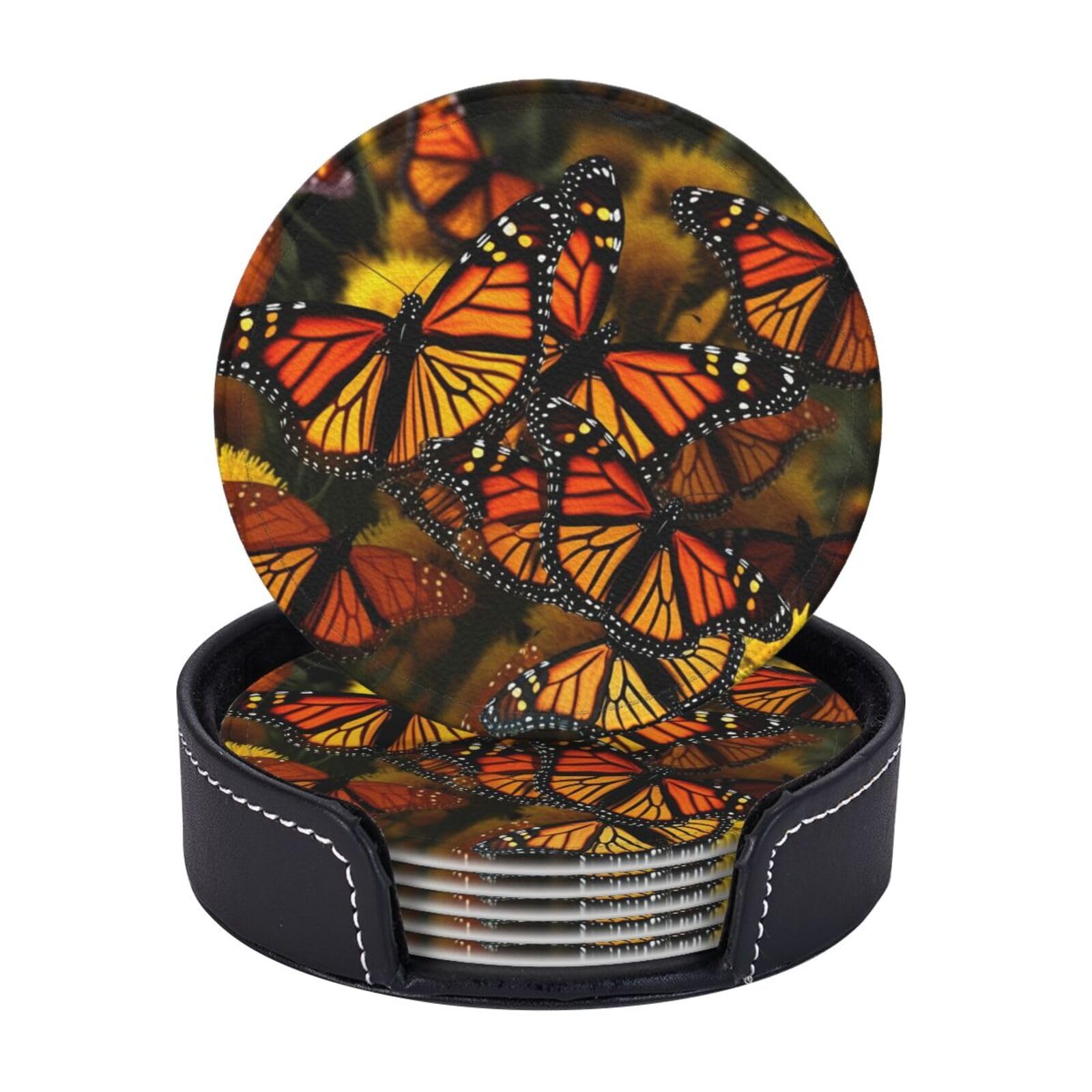 Round Coasters for Drinks Set of 6 - PU Leather Coasters with Holder - Modern Drink Coasters for Coffee Table - Monarch Butterflies Coaster for Tabletop Protection 4" Cup Mat Pad
