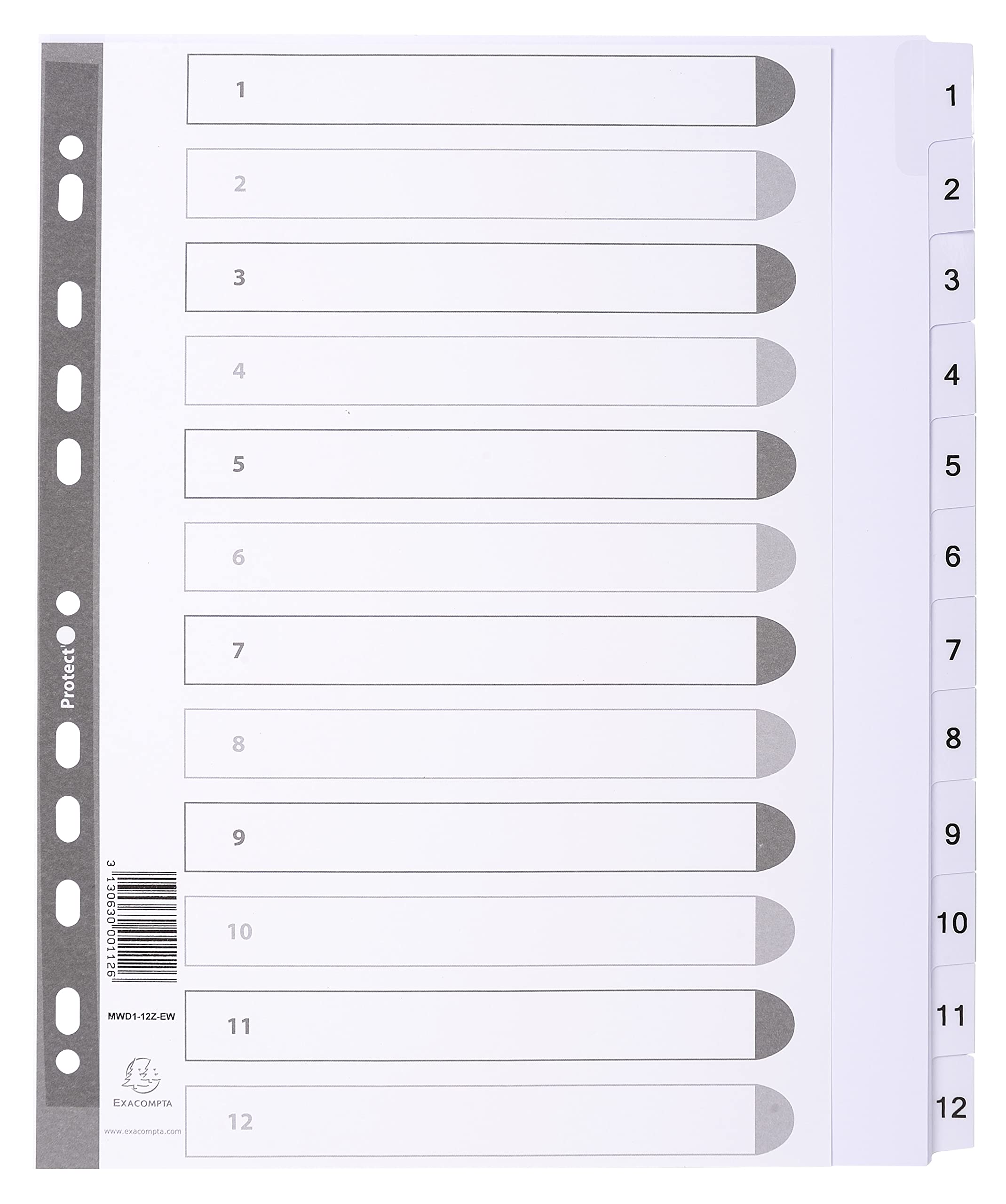 Exacompta, Ref MWD1-12Z-EW, Mylar Printed Indices, For Use With A4+ Documents, Pre-Punched