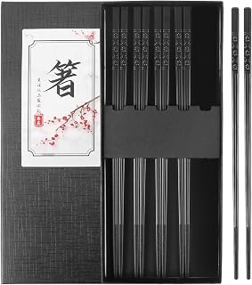 CulieaValre Fiberglass Chopsticks 5 Pairs Black Reusable Non-Slip Heat-Resistant Dishwasher Safe 9.5 Inch for Sushi Ramen