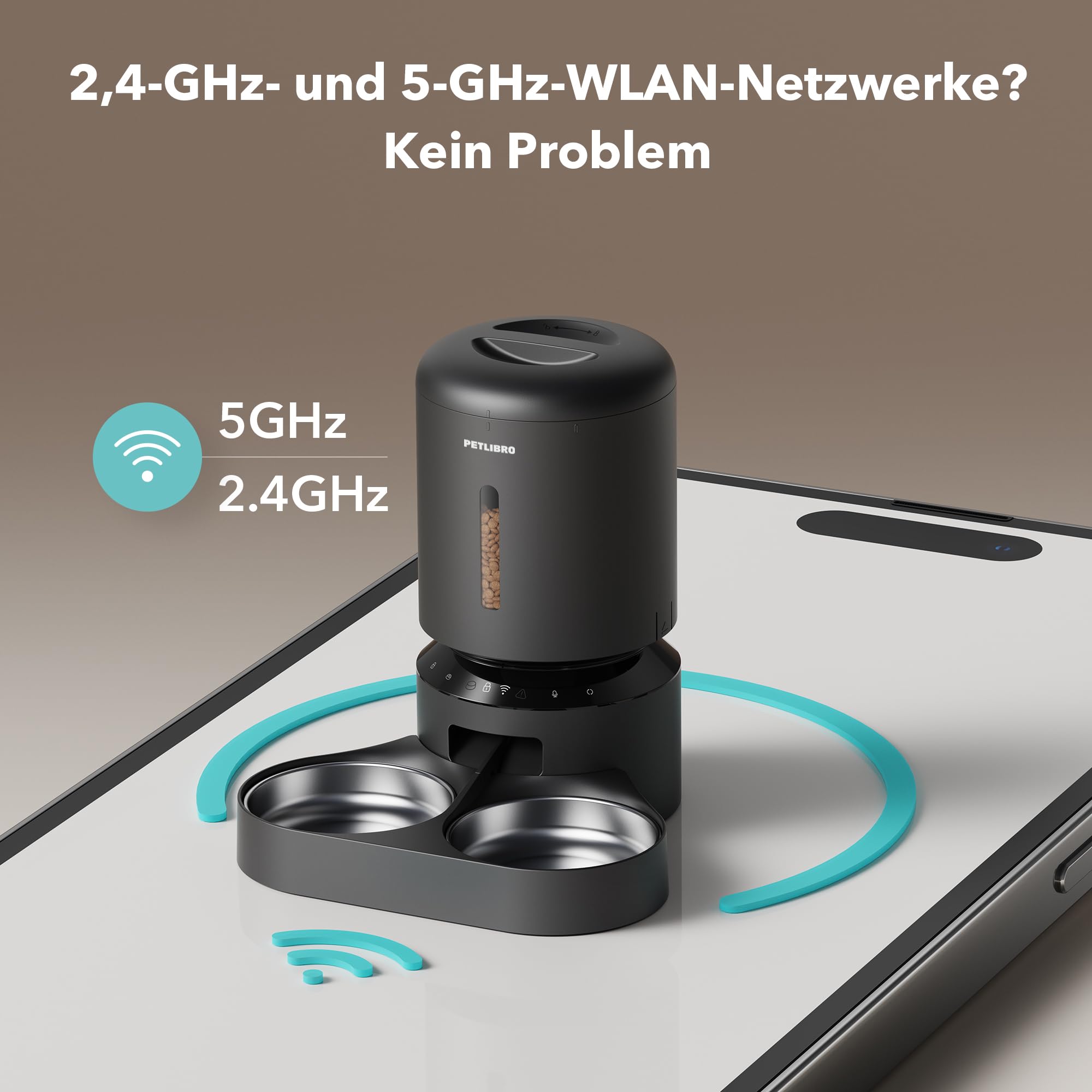 PETLIBRO 5G Wi-Fi Distributore Automatico Cibo Gatti, 5L Distributore Automatico Cibo Cani con 2 Ciotole in Acciaio Inox, 10 Pasti e Controllo del Timer, USB e Batterie, Voce bidirezionale, Nero
