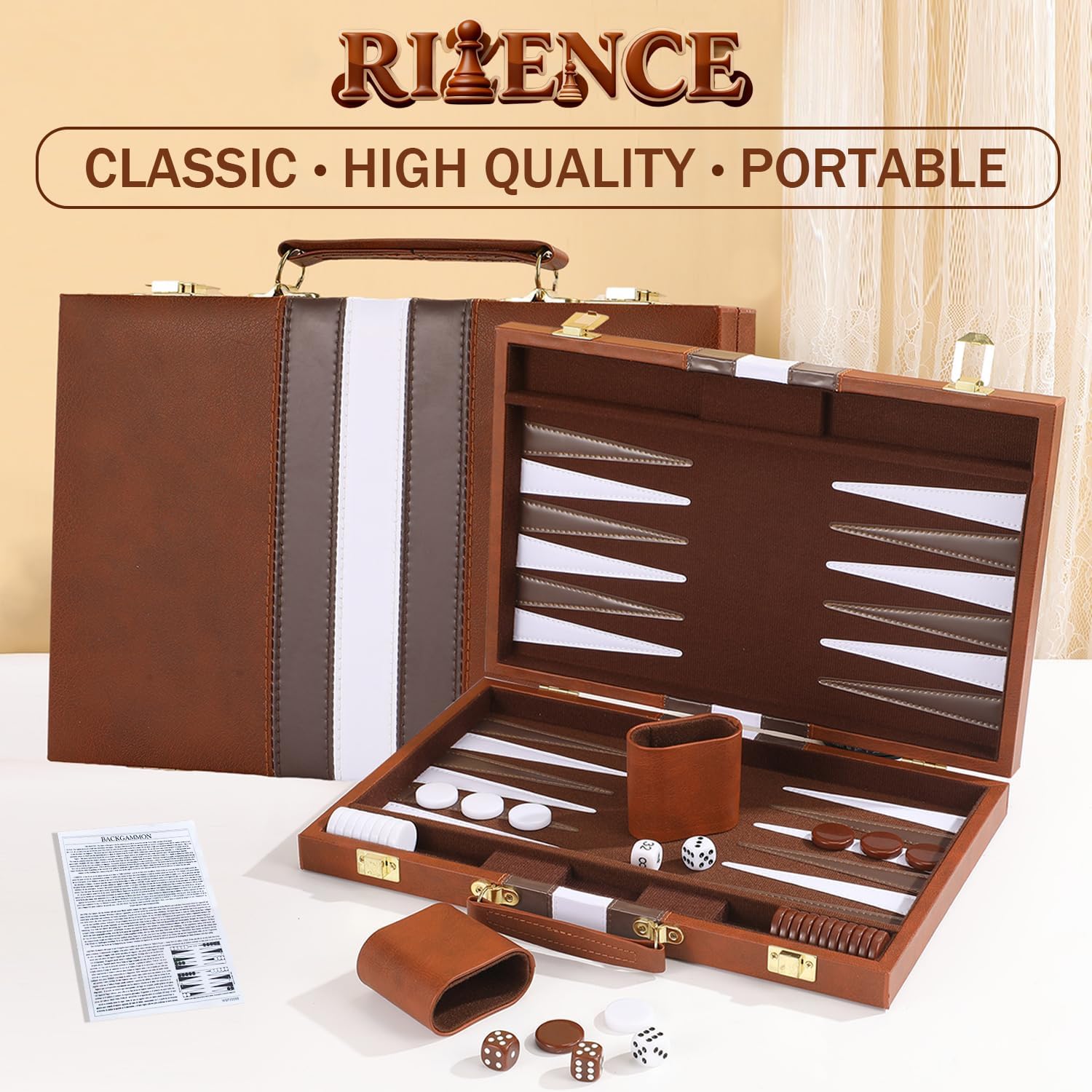 Large Backgammon Sets for Adults - 15inch Premium Backgammon Board with Deluxe PU Leather Case Portable - Felt Interior, Classic Board Games for 2 Players with Guide - Gifts for Man Woman