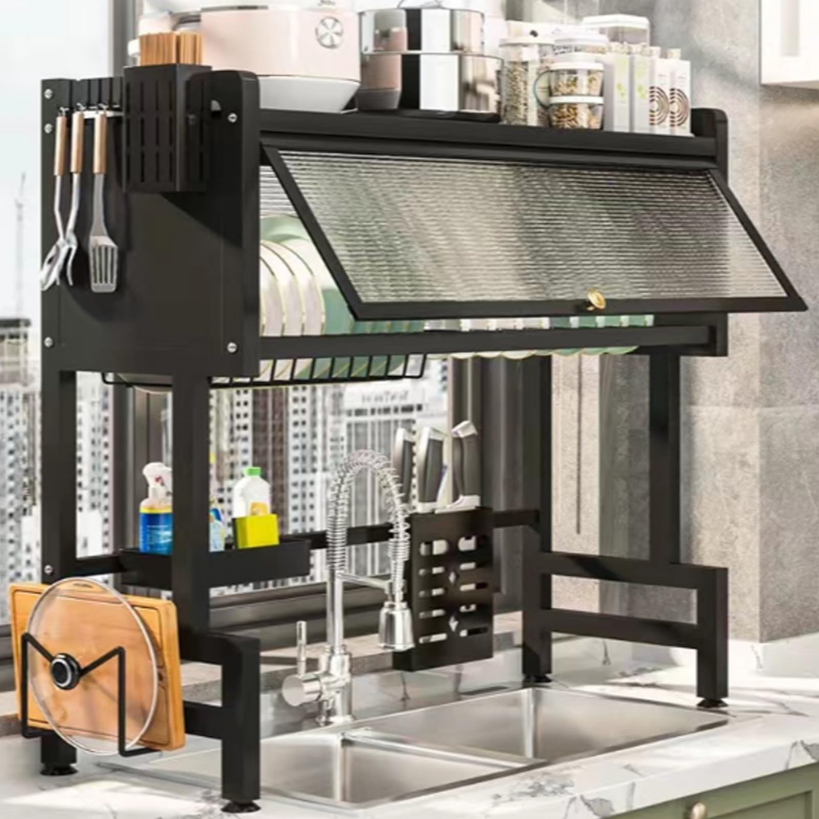Mantieni organizzati i Ripiani del lavello della Cucina e risparmia Spazio,Scolapiatti da Cucina, lavello per lavastoviglie, Piano di Lavoro, Antipolvere(Black Single Layer,85cm/33.5in)