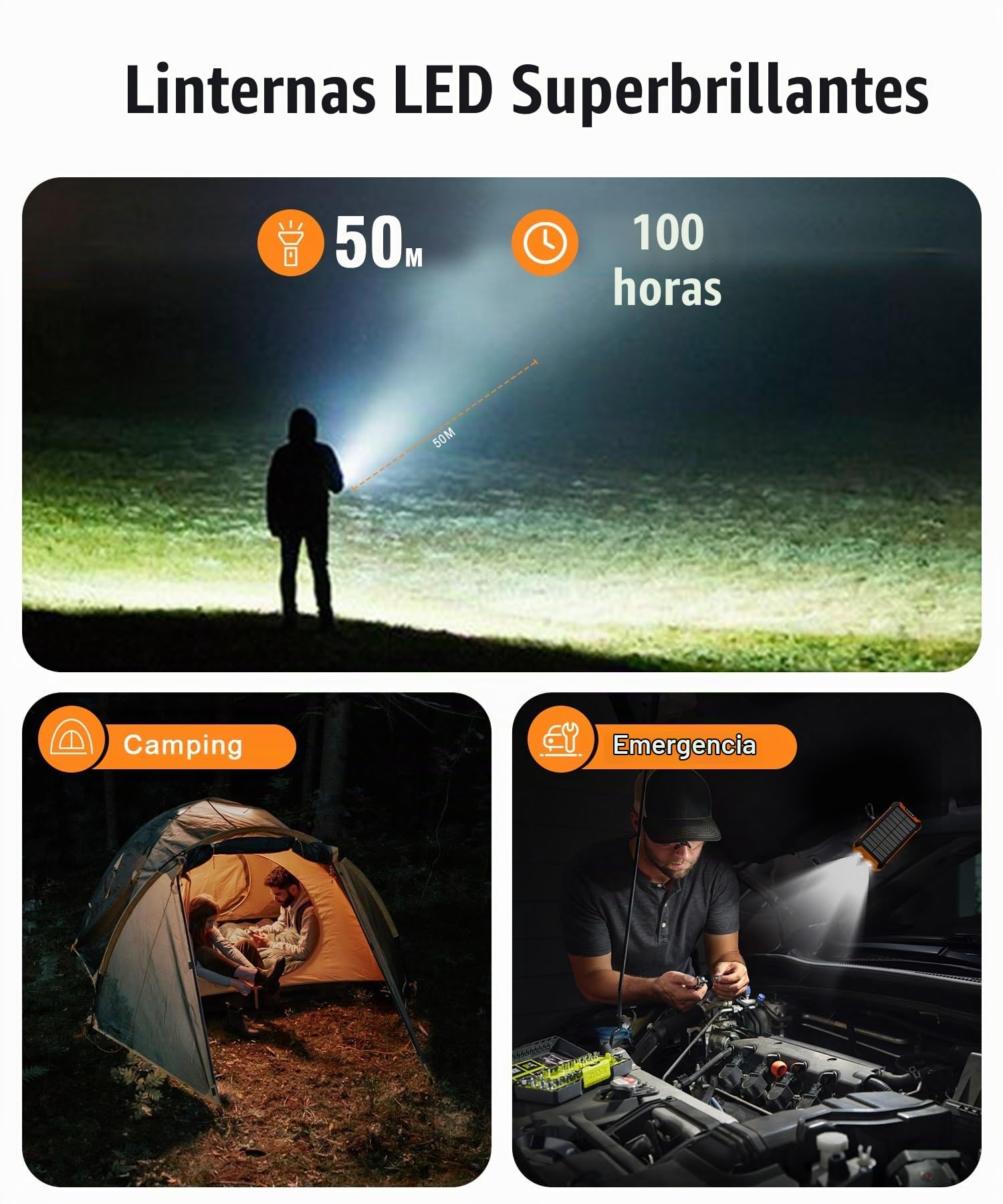 Power Bank Solar 26800mAh con 4 Cables, Inalámbrico USB-C 15W Carga Rápida | Batería Externa Cargador Solar 6 Salidas 3 Entradas para Teléfono, Cargador Solar con Linterna, Mosquetón