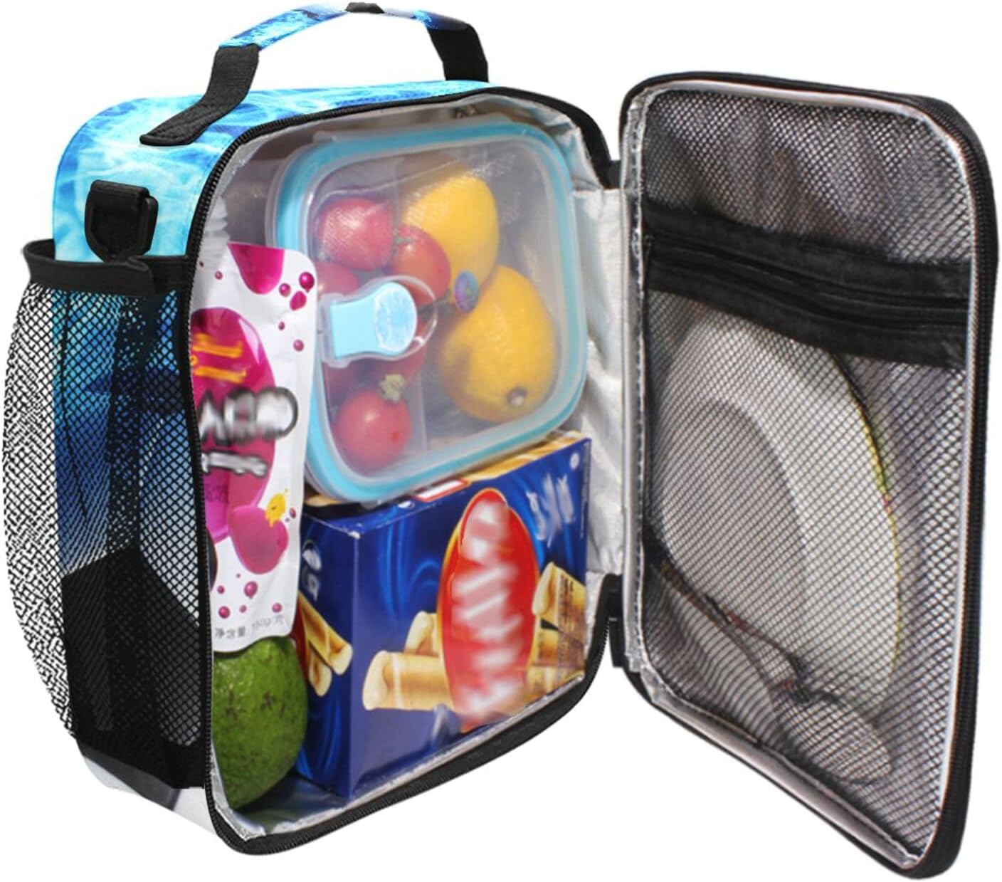 Blue Soccer Flame Football Fire Lunch Box for Girls Boys Insulated Lunch Bag with Adjustable Shoulder Strap Kids Thermal Tote Bags Cooler School Travel Picnic - Image 5