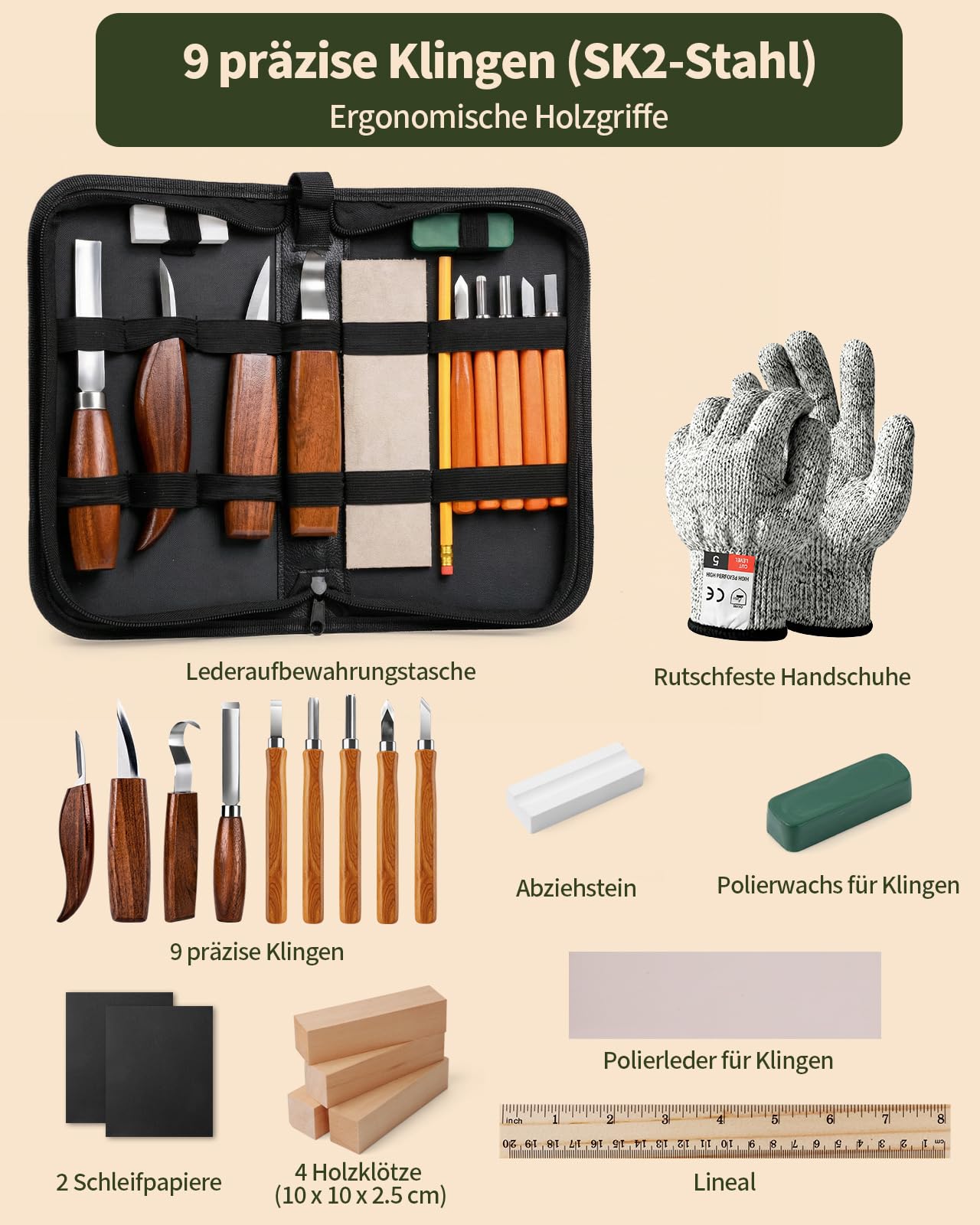 Kit Intaglio Legno, 23PCS Set di Utensili da Intaglio in Legno, include 9 strumenti da Intaglio e 4 blocchi e guanti per Adulti Bambini e Principianti