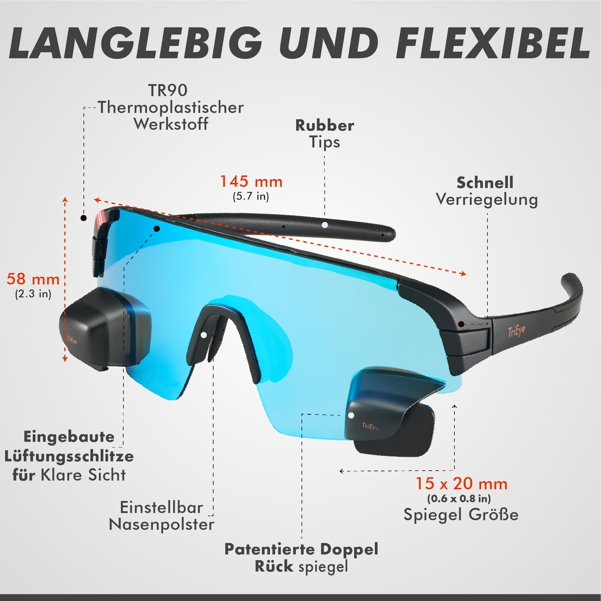 TriEye View Sport Sonnenbrille Herren Damen – Fahrradbrille polarisiert mit Dual-Lens Rückspiegel, UV400 Schutz, Leichtgewicht TR90 Rahmen, kratzfeste Gläser fürs Rudern & Radfahren