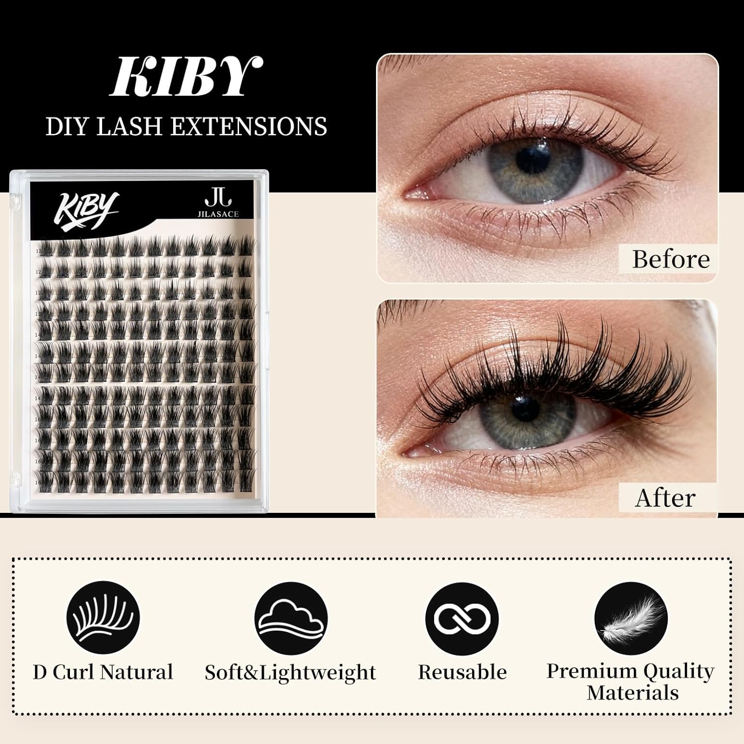 eyelash extension set 【 Kiby 】 DIY 192 eyelash cluster extension set, including eyelash glue and sealant, equipped with eyelash tweezers, suitable for self-service (curl D 12-16mm set)