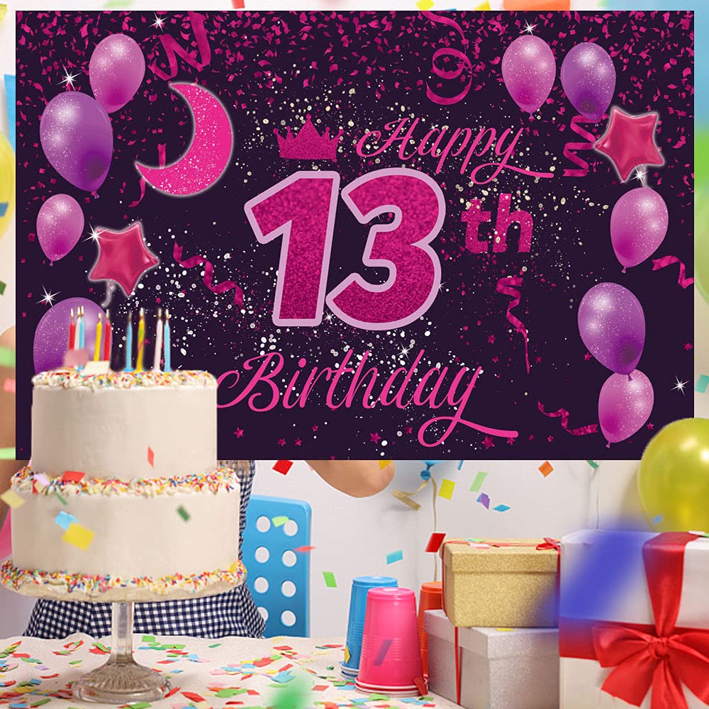 Happy 13th Birthday Banner – Schwarz-Rose Gold Partydeko Für Mädchen – Fotohintergrund 180x110 Cm Mit Aufhängeseil