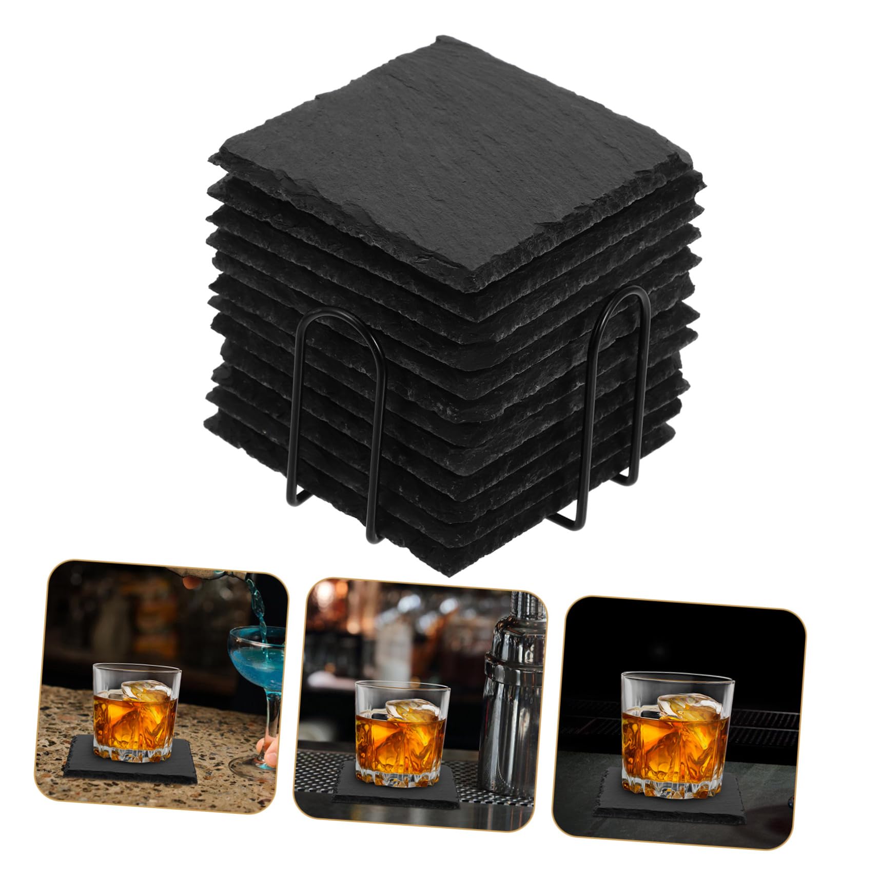 sous-Verres Faciles à Nettoyer Ronds Lot de 12 en Ardoise Noire, Résistants la Chaleur, Antidérapants pour Whisky et Boissons, Déco Maison