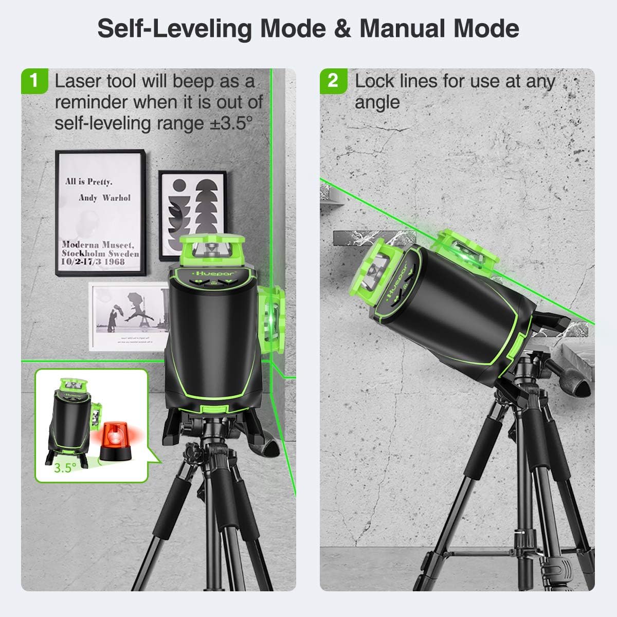Huepar 16 Lines Self-Leveling Laser Level 4 x 360°Cross Line Laser - 4D Green Beam Rechargeable Tiling Floor Laser Tool -2 x 360° Horizontal&2 x 360°Vertical Laser Lines -Lifting Base Included S04CG-L - - 