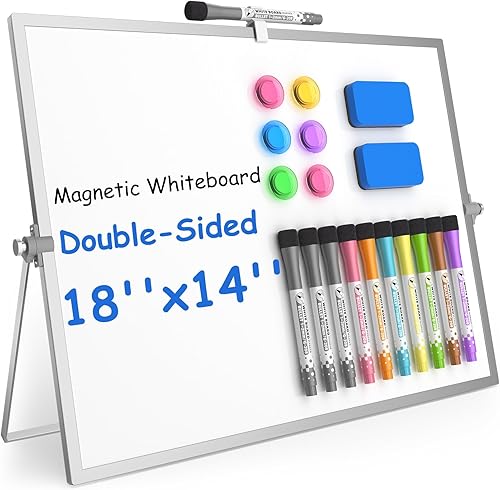 Vista 17 de Grtard Pizarra blanca magnética de borrado en seco, pizarra blanca de escritorio de doble cara de 16 x 12 pulgadas con soporte, juego de pizarra