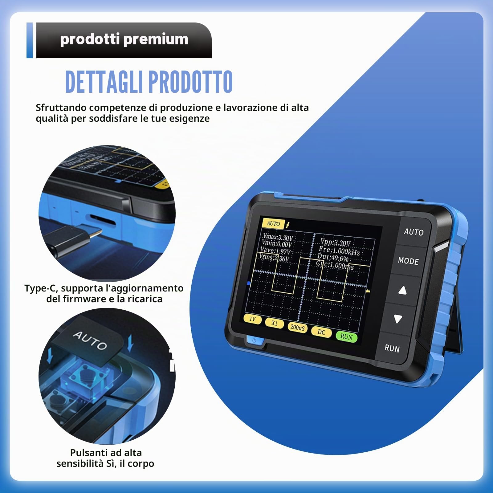 DSO152 - Mini oscilloscopio digitale, oscilloscopio digitale 200 KHz con frequenza di campionamento 2,5 MS/s, 2,8" TFT, modalità trigger Auto/Normale/Singolo, per principianti, fai da te, uso