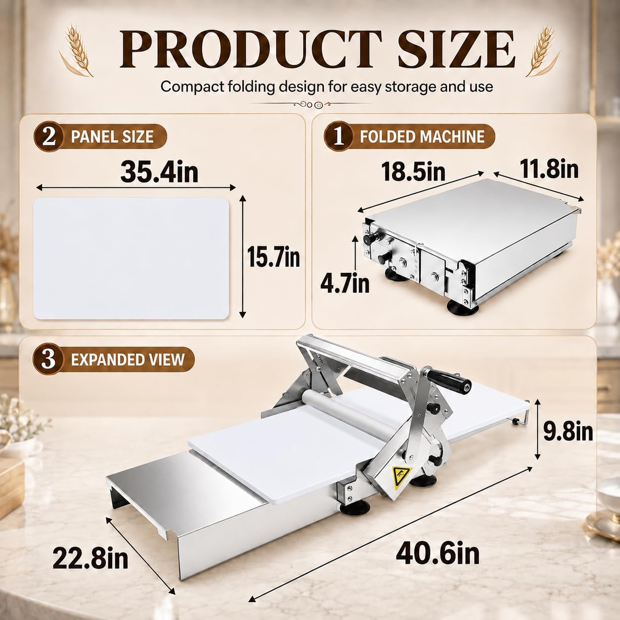 40.6"x 22.8"Manual Dough Sheeter, Foldable Commercial Tabletop Dough Roller image 2