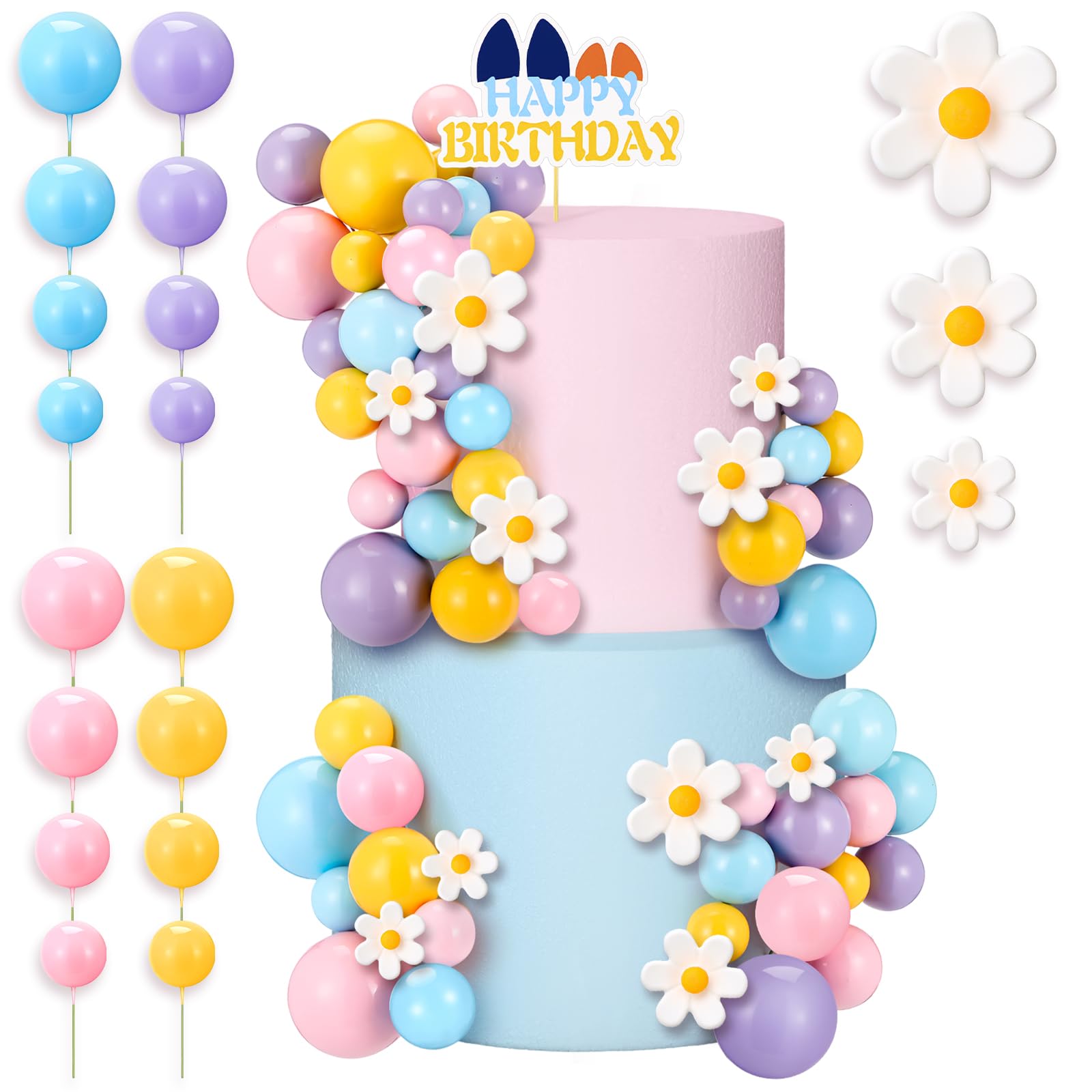 Décoration de gâteau chien bleu : ensemble de 63 pièces florales et boules pastel - 7
