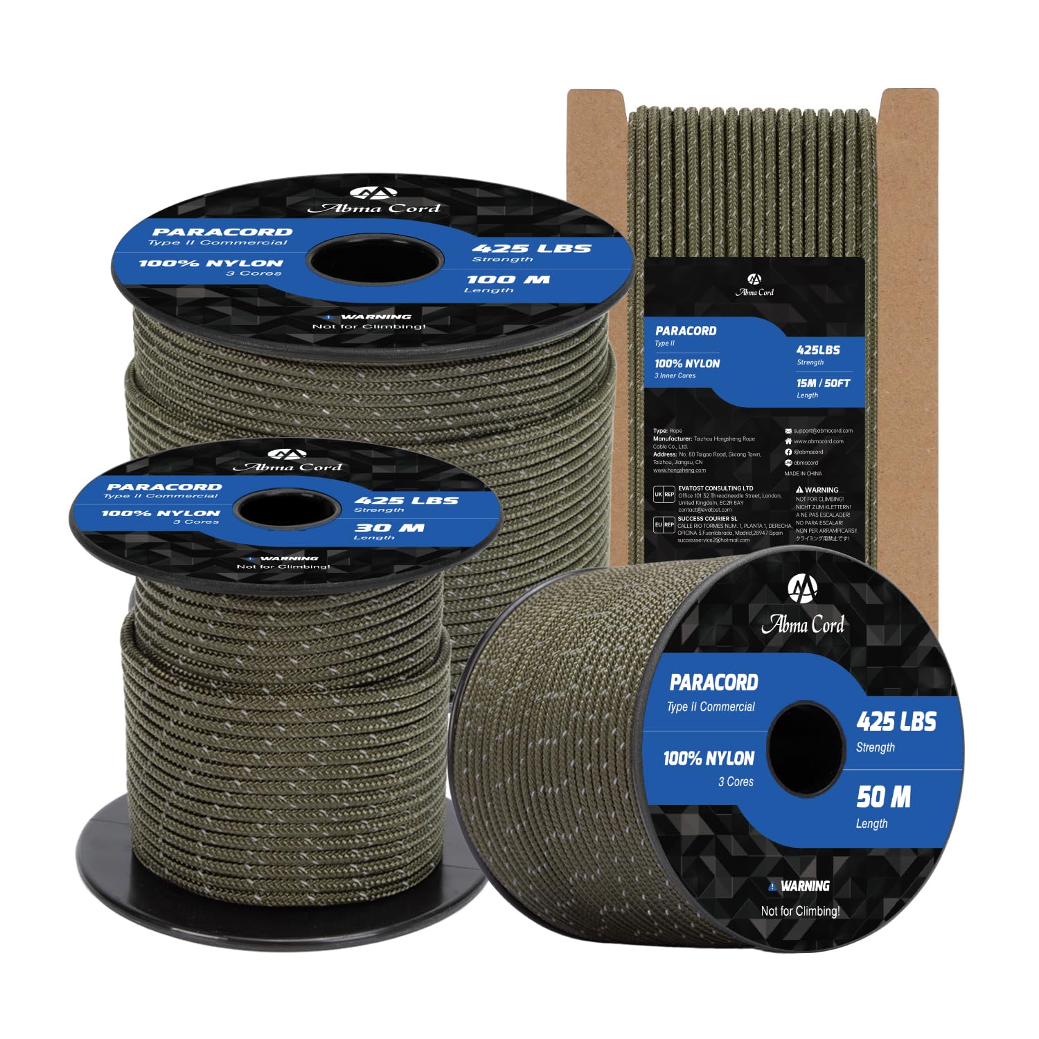 Abma Cord Paracord 3mm 50m 100% Nylon Rope Type II 3 Strands Parachute Cord - Max. 192kg (425lbs) - Reflective Army Green