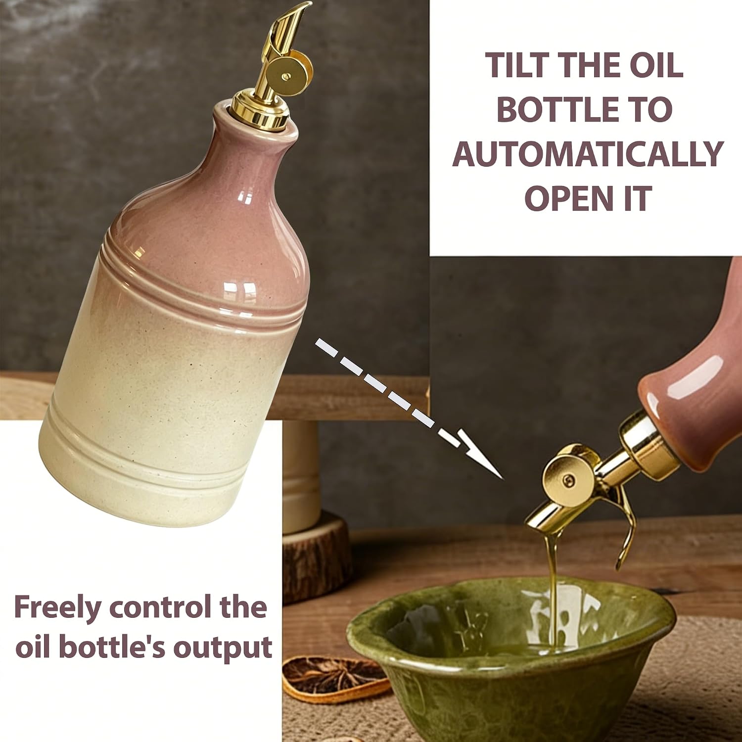 Ceramic Olive Oil Dispenser Bottle for Kitchen with Gold Gravity Spout