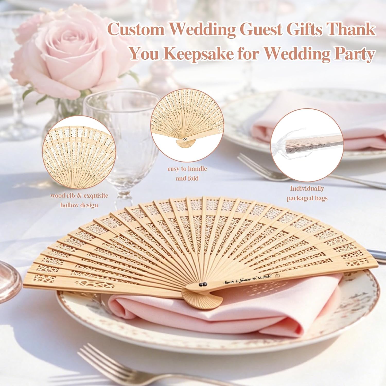 Fans for Wedding Guests – Foldable Wooden Hand Fan, Personalized Wedding Favors, Custom Name & Date, Fans Bulk for Summer Wedding