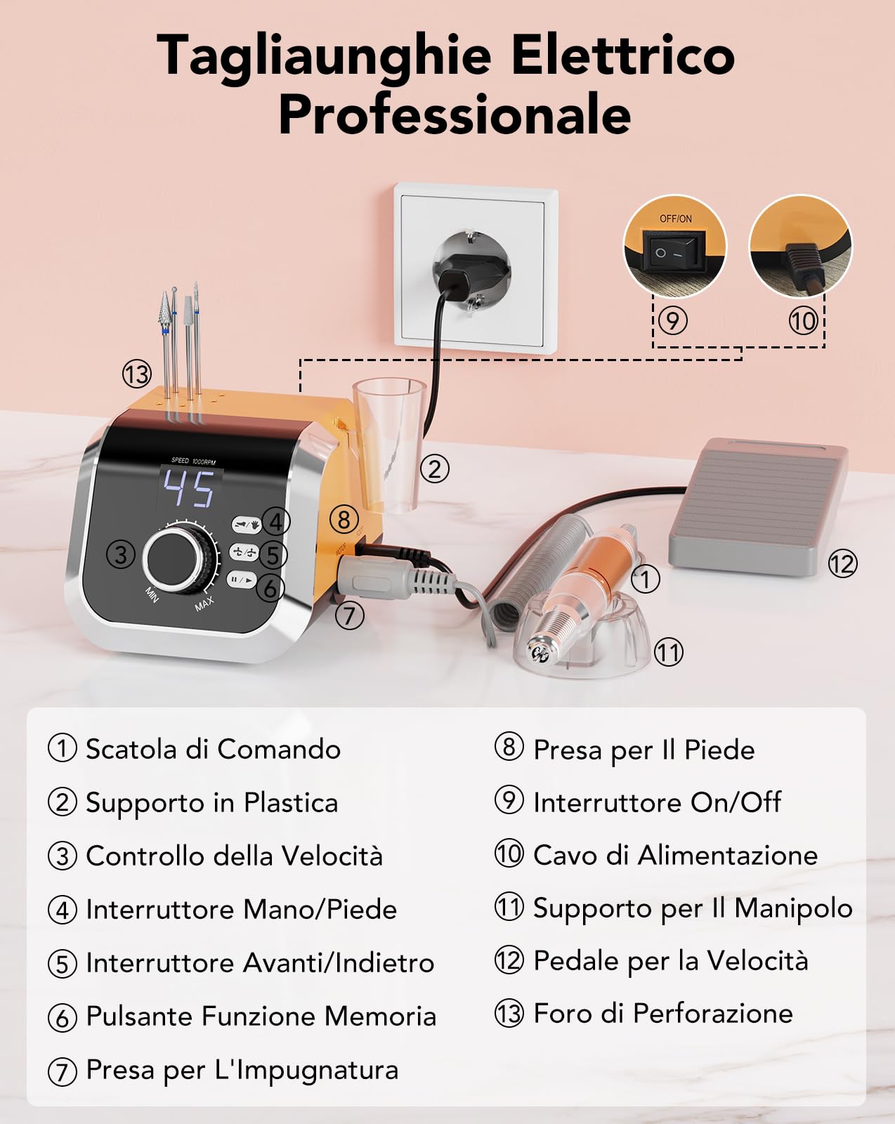 HOMEASY Fresa Elettrica per Unghie Professionale 45000 Giri 45 Velocità con Pedale - 11 Frese per Unghie + 75 Bande, <40dB Silenziosa per Casa e Nail Art