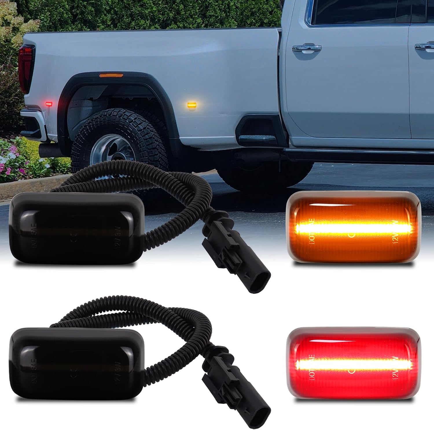 LED Dually Fender Side Marker Lights For 2015-2025 Chevy Silverado GMC Sierra 2500HD 3500HD Amber & Red Dual Rear Wheel Truck Bed Marker Lamps, Smoked Lens 4PCS