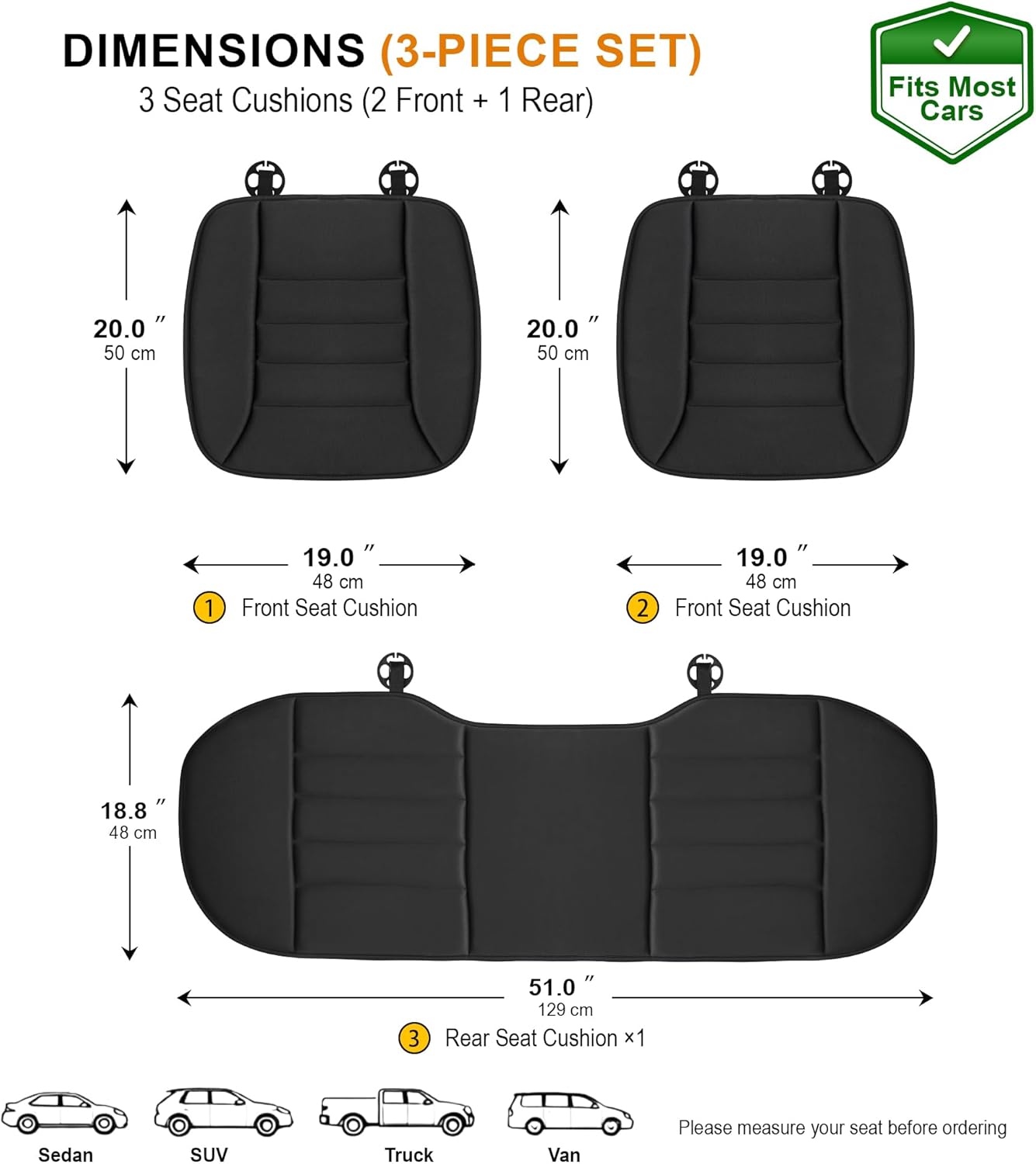 kingphenix 3-Piece Car Seat Cushion Set, 1.2inch Memory Foam Comfort, 2 Front Automotive Seat Cushions + Rear Bench Cushion, Non-Slip Bottom, Fits Sedan SUV Truck Van, Car & Office Chair, Black