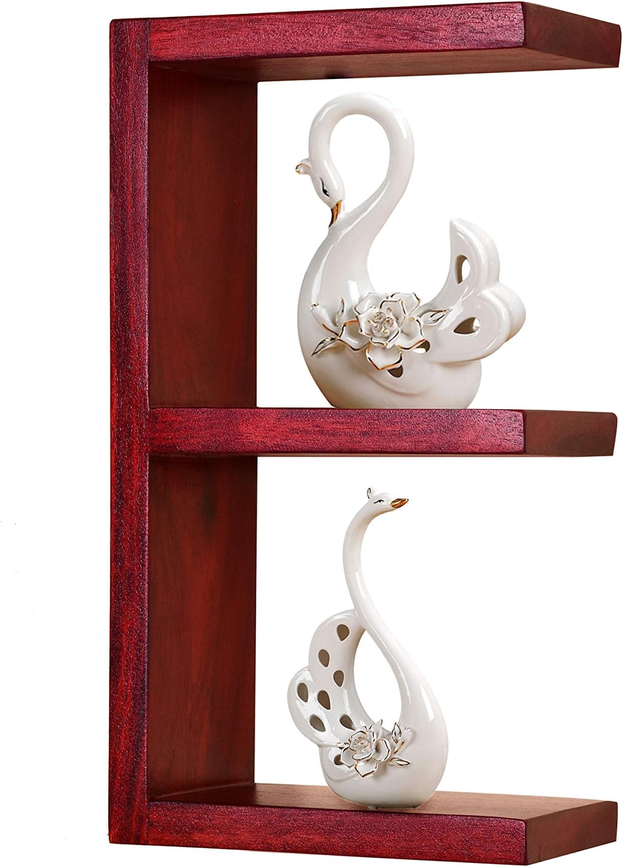 Wood World E Shape Mahogany Finish Floating Wall Shelf Display Rack for Living Room Bedroom Kitchen Home Office Décor Solid Wood Wall Mounted Shelves Wooden Furniture