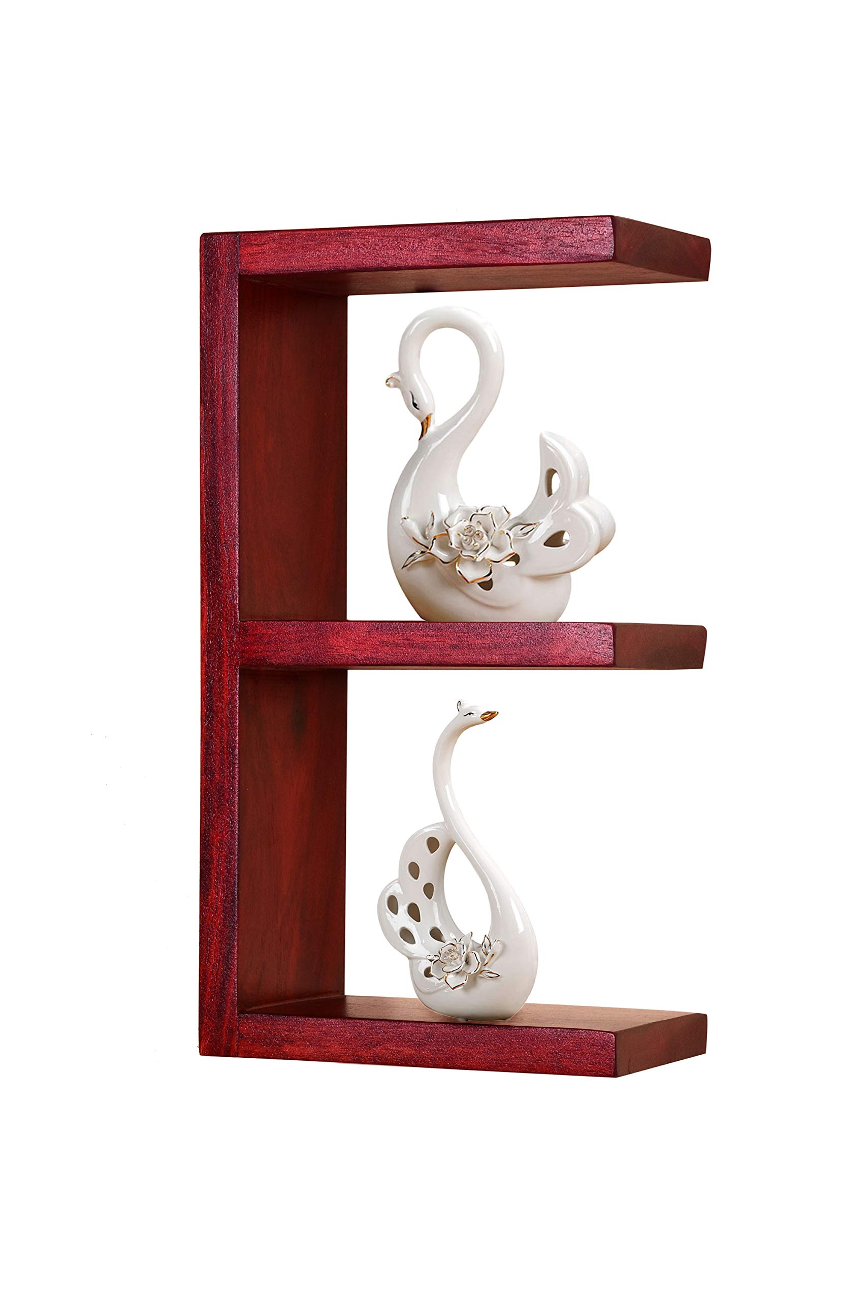 Wood World E Shape Mahogany Finish Floating Wall Shelf Display Rack for Living Room Bedroom Kitchen Home Office Décor Solid Wood Wall Mounted Shelves Wooden Furniture