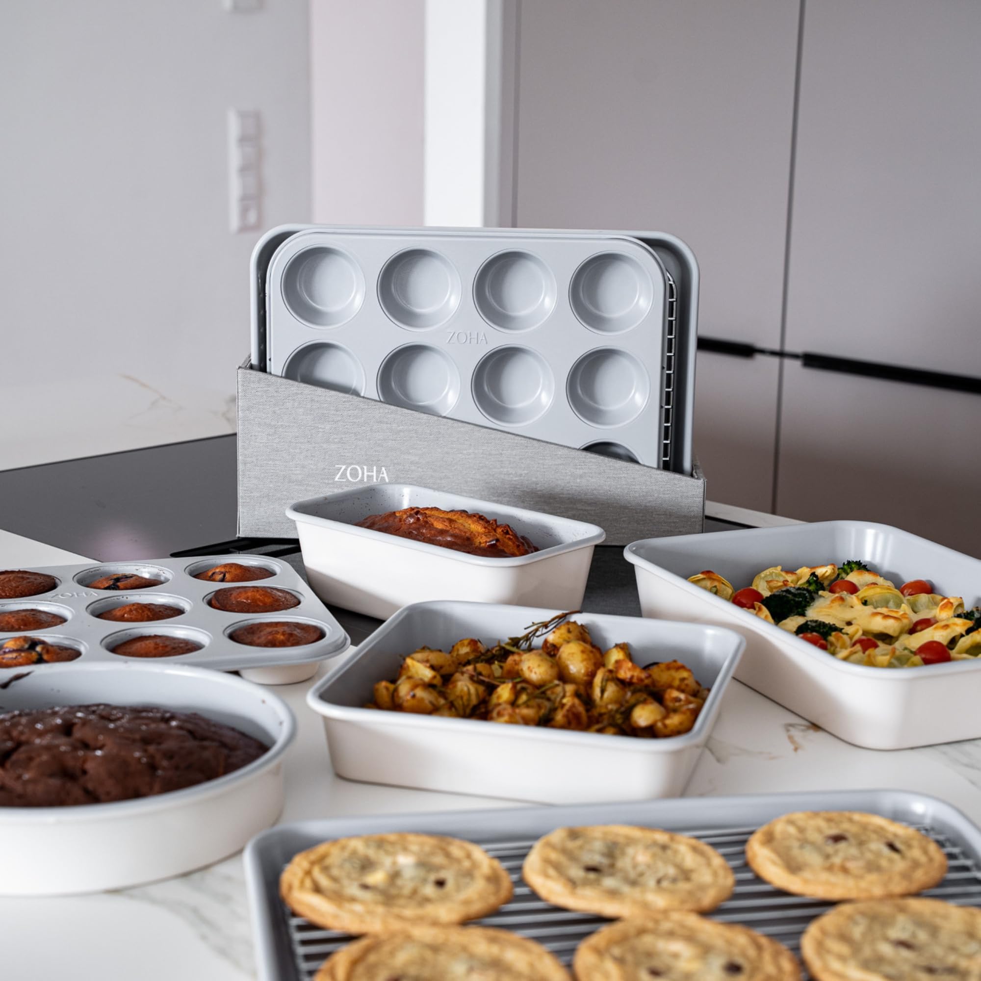 Zoha Backform- und Ofenset 7-teilig - All-in-One Komplettbackset Aluminium mit Organizer - Antihaft-Keramikbeschichtung bis 290°C hitzebeständig - PFAS- und PTFE-frei