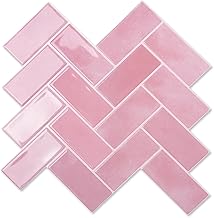 Art3d Selbstklebende Wandfliesen 3D Fliesenaufkleber Fliesenfolie Fischgrät Fliesen Aufkleber Küche Bad Ziegel Wandaufkleber Wasserdichte Rosa Upgrade Dickere