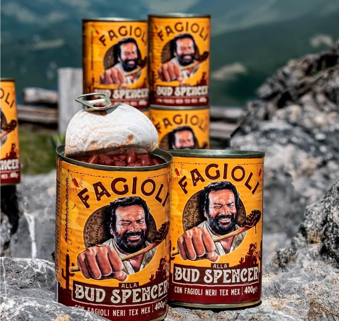 Selezione Fagioli BUD SPENCER 4 Confezioni Fagioli Neri Tex-Mex 4 Confezioni Fagioli Pinto Ricetta Originale confezioni da 400gr con esclusivo adesivo Zeus Party