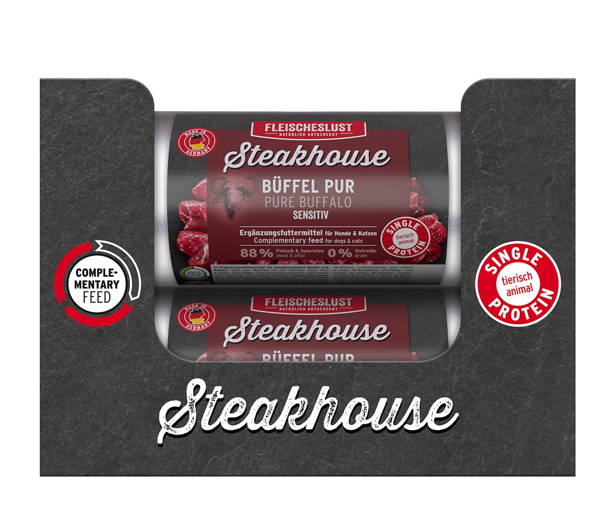 Steakhouse Büffel pur (12x500g), Nassfutter für Hunde & Katzen, sensitives Ergänzungsfutter, Monoprotein, getreidefrei, 12x Wurst von Fleischeslust