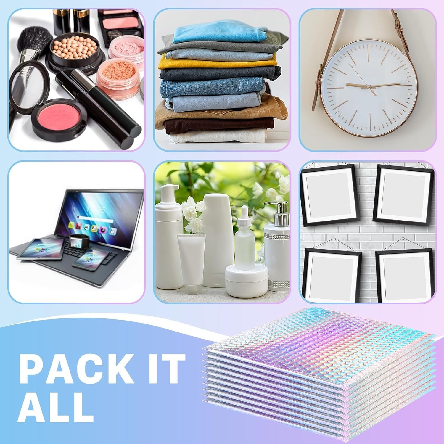 Lot de 25 enveloppes à bulles holographiques - 23 x 32 cm | Enveloppes postales autocollantes métalliques, rembourrées pour emballage d'expédition