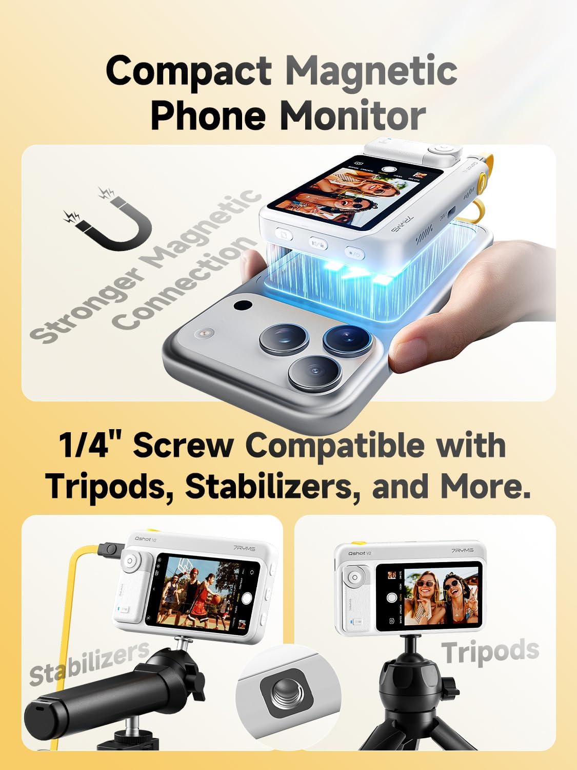 7RYMS Qshot V2 Selfie Monitor Screen for iPhone & Android, 4K 60fps Magnetic Back Camera Monitor with Remote, Built-in Speaker, 1/4” Mount,Phone Monitor Screen for Vlog Live Streaming & TikTok(White)