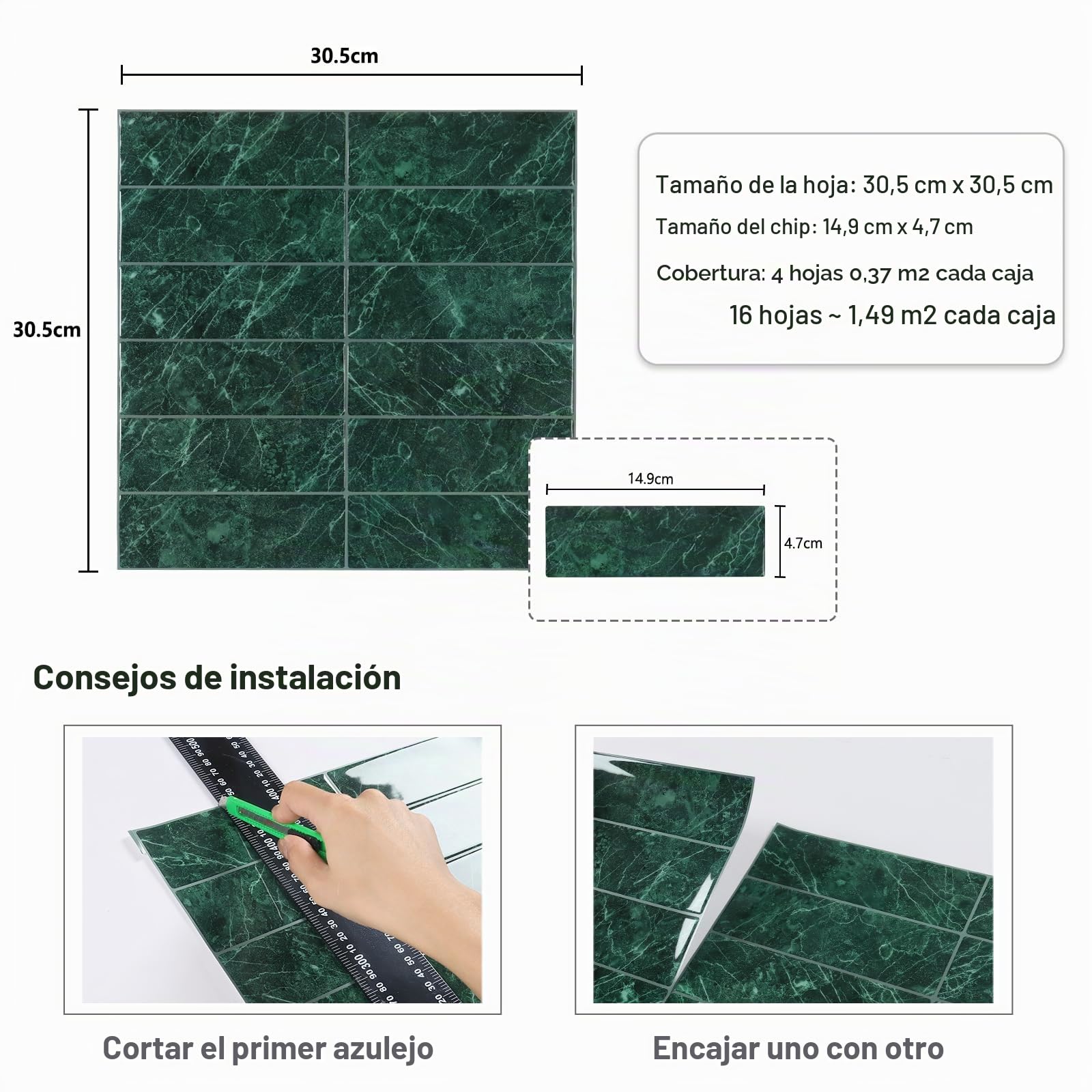 CRE8TIVE Azulejos Adhesivos Verde para Cocina y Baño - 16 Piezas Vinilos Impermeables de Mármol para Baldosas, Lavadero, Escaleras - 30.5cm x 30.5cm