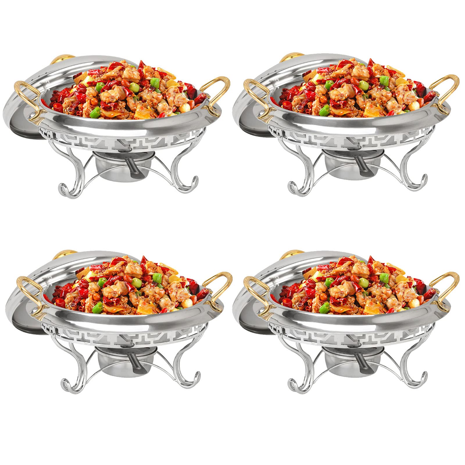 Chafing Dish Rotondo Placcato Oro, 2/4/6 Confezioni in Acciaio Inox Chafer Catering Buffet Warming Container Set con Porta-combustibile, per ristoranti, Feste, Matrimoni, 4 Confezioni