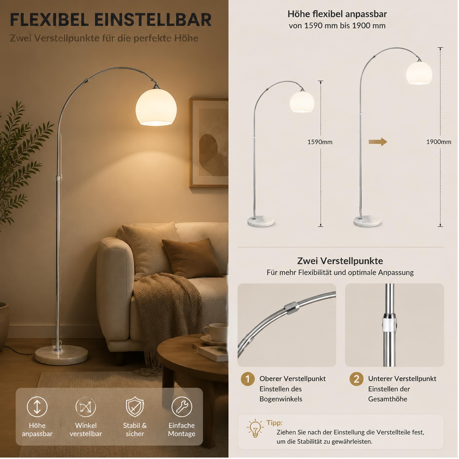 FRIXCHUR Bogenlampe Stehleuchte 190 cm Höhenverstellbar E27
