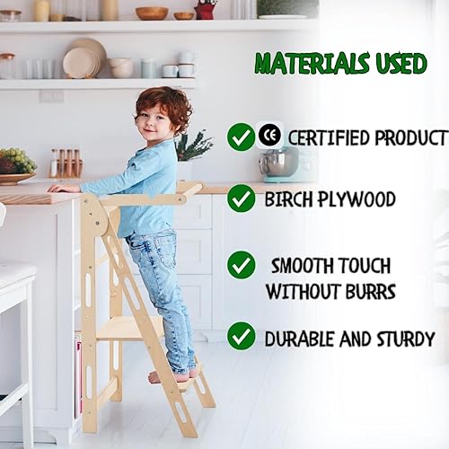 Miniatura 9 de Torre plegable para niños pequeños, taburete para niños, torre de cocina plegable para niños, taburete con riel de seguridad, torre Montessori de